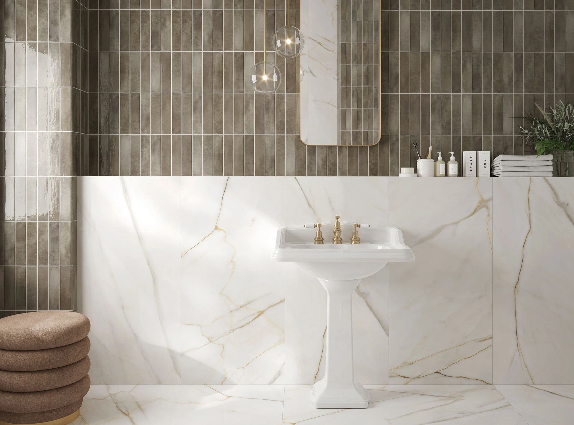 Large format taupe glossy porcelain tile in a rectangular shape.
