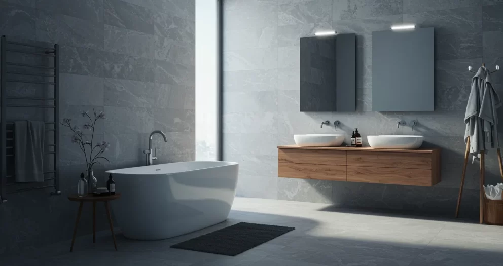 Modern bathroom showcasing porcelain floor tiles and marble-look wall tiles.