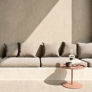 Square 48x48 cm matte porcelain tile in a sand color, ideal for bathrooms and kitchens.