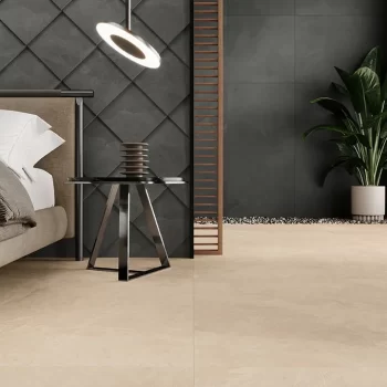 Rectified edge 9mm thick tile in khaki, suitable for floors and walls.