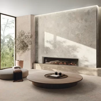 Close-up of Avorio matte porcelain tile, showcasing its stone-like finish and rectified edges.