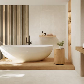 Extra large format stone look tile in matte finish, suitable for walls and floors.