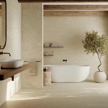 Mesh mosaic tile in beige and cream, 12x12 size, ideal for backsplashes and bathrooms.