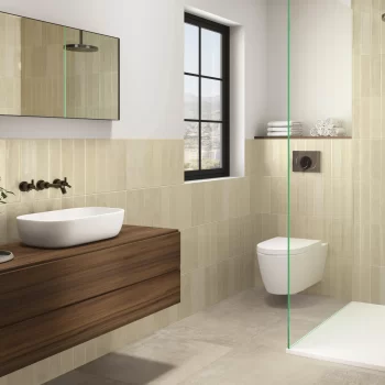 Rectangular ivory ceramic tile, matte finish, 3x12 inches, suitable for backsplash or shower walls.