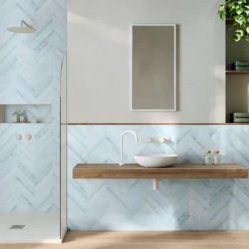 Rectangular 1.5x12 inch sky blue tile, perfect for bathroom and kitchen installations.