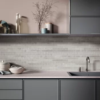 Close-up of rectangular pearl satin tile showcasing a smooth finish, suitable for kitchens and bathrooms.