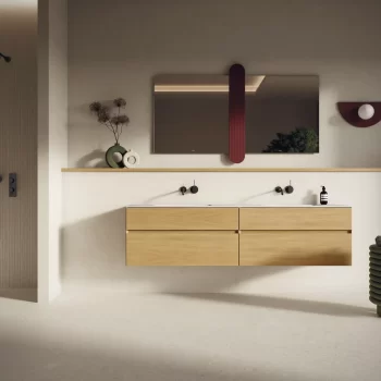 Rectified large format porcelain tile in almond color, ideal for kitchens and bathrooms.
