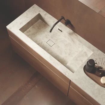 Large format 63x126mm polished porcelain slab with stone look, perfect for kitchen and bathroom walls.
