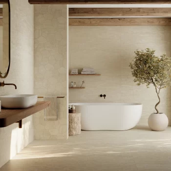 Large format 24x48 Castle Beige tile, perfect for backsplashes and bathrooms.
