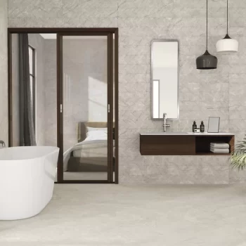 Square ivory tile with stone look and rectified edges, 48x48 size, ideal for floor and wall installation