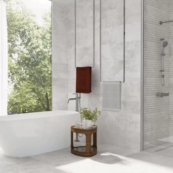 Rectified edges on a grey stone look ceramic tile, suitable for backsplash and bathroom.