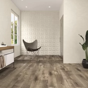 Close-up of a matte beige porcelain tile with a stone look, featuring rectified edges.
