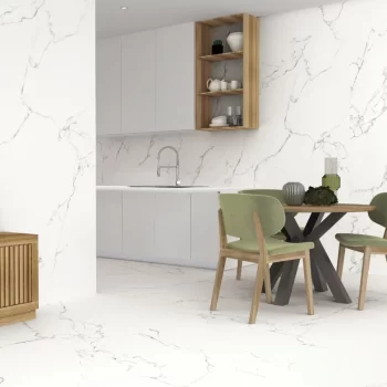 Rectified edge Bianco porcelain tile, ideal for floors and walls, featuring a matte finish.