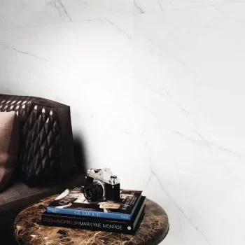 Close-up of polished surface of Nikea marble look tile, showcasing the glossy finish.