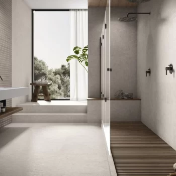 Rectified edge porcelain tile in grey with a natural finish, ideal for bathroom and kitchen applications.