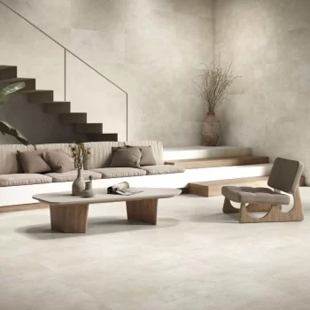 Large format 24x48 off white tile, featuring a smooth matte finish and rectified edges.