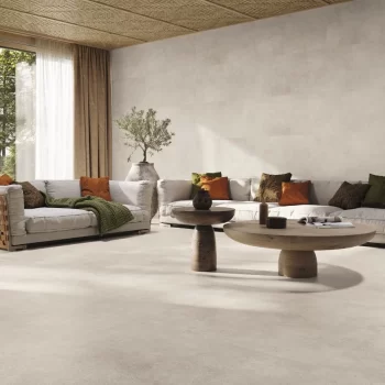 Large format 24x48 inch beige porcelain tile with a matte finish, featuring a stone-like appearance.