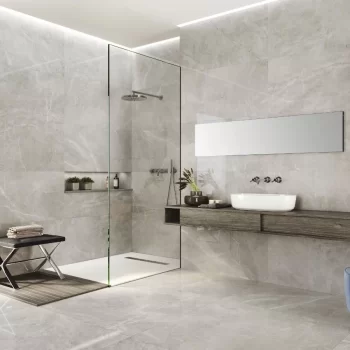 Large format silver stone look tile with a matte finish, suitable for various applications.