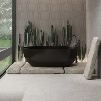 Rectangular light matte porcelain tile, 24x48 inches, designed for bathroom or kitchen backsplash.