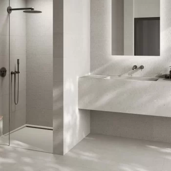 Rectified edge light Puy ceramic tile, ideal for wall applications, 9mm thick.