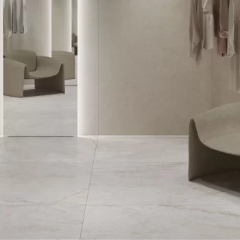 Rectified edge white porcelain tile, 9mm thick, suitable for walls and floors.