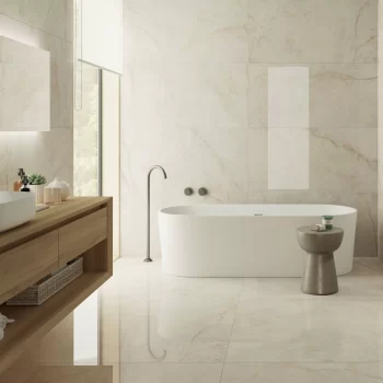 Large format rectangular porcelain tile in beige, featuring a polished finish.