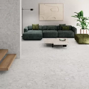 Rectified edge porcelain tile in Blanco color, featuring a matte finish for modern installations.