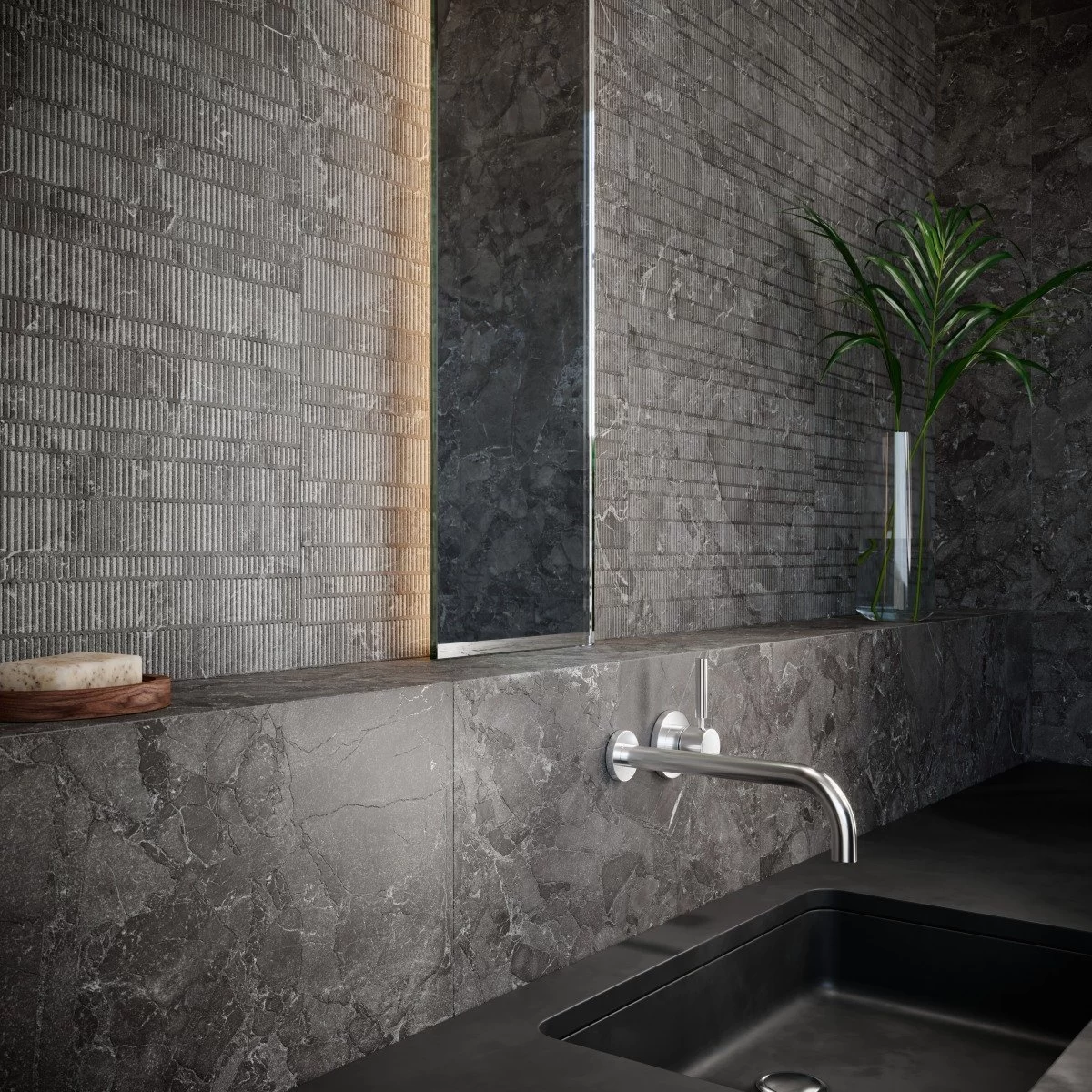 Rectangular terrazzo look tile in matte finish, perfect for modern kitchens and bathrooms.