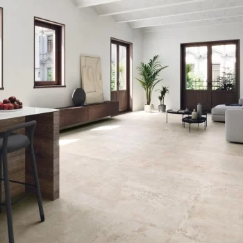 Rectified edge greige tile, suitable for floors and walls, with an anti-slip R10 finish.