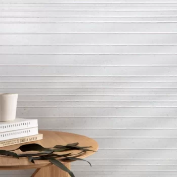 Rectified edge white ceramic tile in a stone look, perfect for backsplashes and bathrooms.
