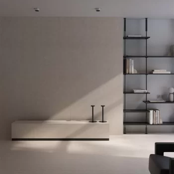 Large format stone look tile in sand color, ideal for floors and walls.