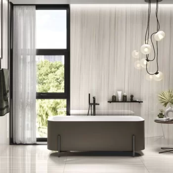 Rectified edge ivory porcelain tile, 24x48 inches, ideal for kitchen and bathroom applications.