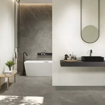 Rectified edge grey porcelain tile in taupe, ideal for backsplashes and bathrooms from the Palermo collection.