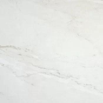 White polished porcelain tile with a marble look, 48x48 cm, rectified edges.
