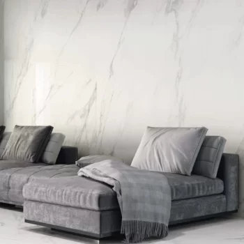 Large format rectified porcelain tile with a polished finish, ideal for backsplashes and bathrooms.