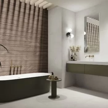 Rectified edge ceramic tile resembling oak wood, suitable for kitchen and bathroom walls.