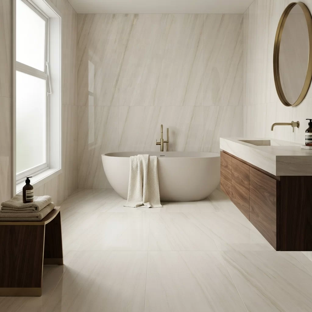 Rectified edge extra-large format tile in snow shade, ideal for bathrooms and kitchens.
