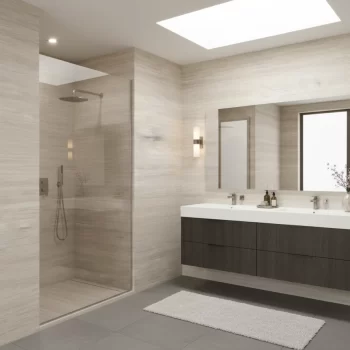 Natural beige matte porcelain tile with a travertine look, suitable for floors and walls.