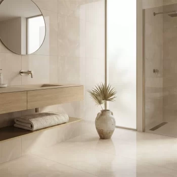 Beige polished porcelain tile with an onyx look, suitable for floor and wall applications.