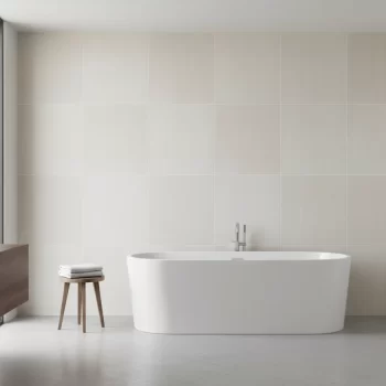 Soft textured beige and cream large format ceramic tile with a stone look, ideal for walls.