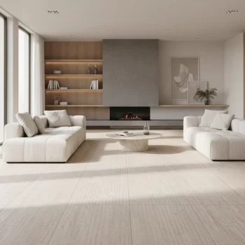 Ductile Sand Land ceramic tile with soft textured stone look, ideal for walls in beige and cream.