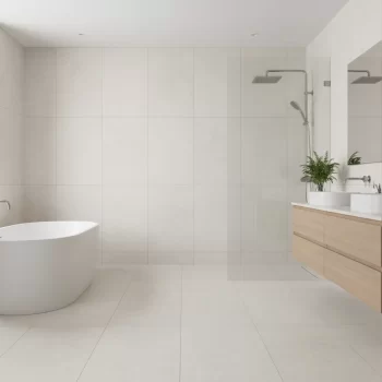 Rectangular large format porcelain tile in soft textured ice color with stone look for floor and wall applications.