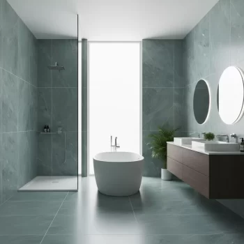 Matte blue porcelain slab, 63x126cm, with a marble look for wall and floor applications.