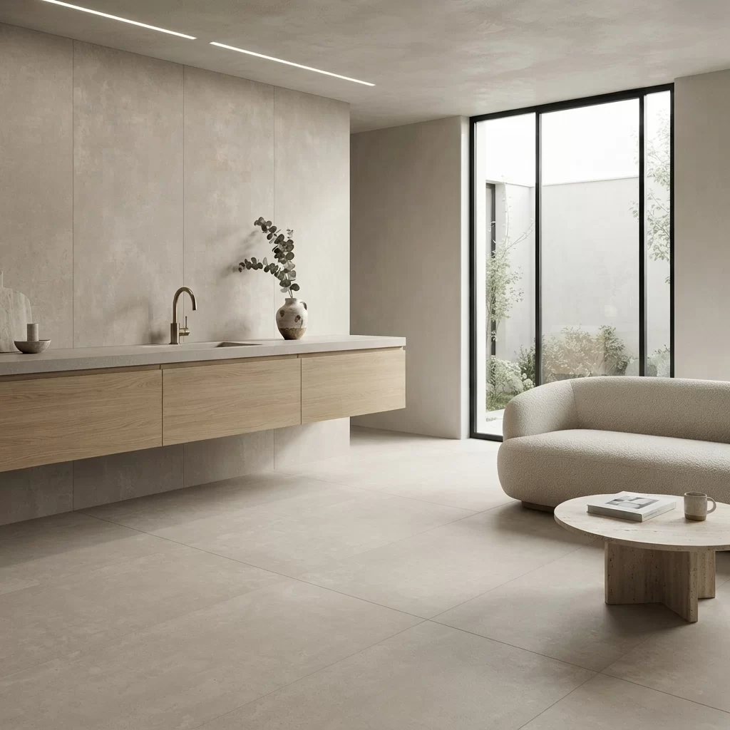 Beige concrete look porcelain tile, anti-slip finish, large format, 24x48 inches.