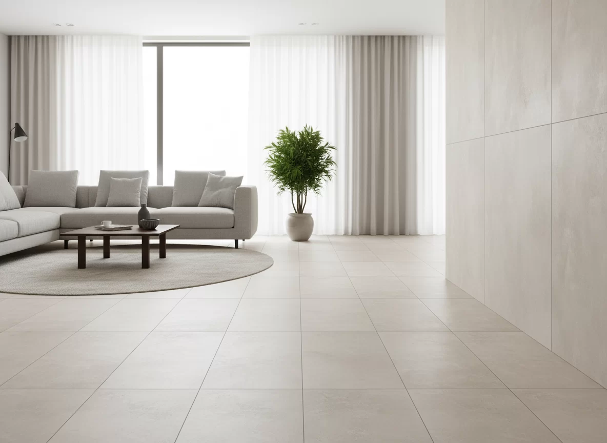 Beige concrete look porcelain tile, large format, anti-slip finish, ideal for floors and walls.
