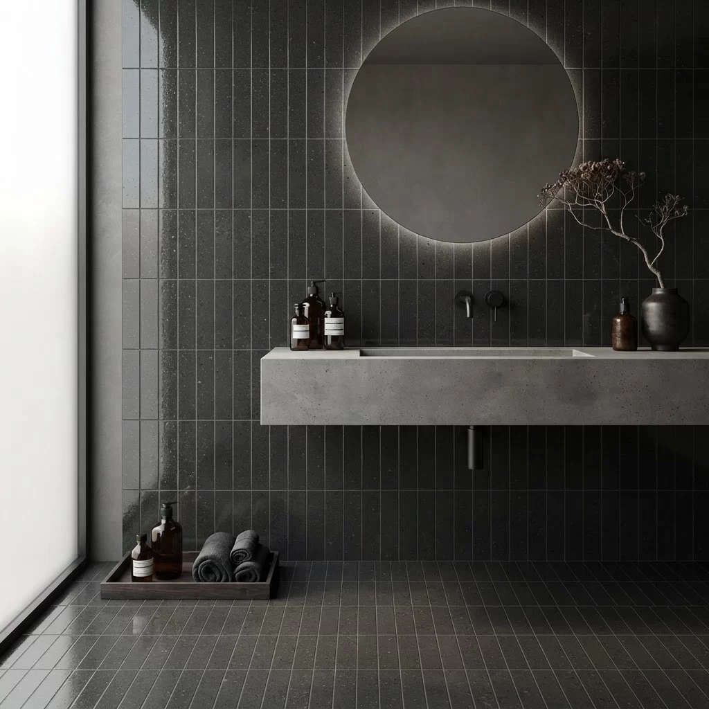 Large format black glossy tile with a subway look, suitable for walls and floors.