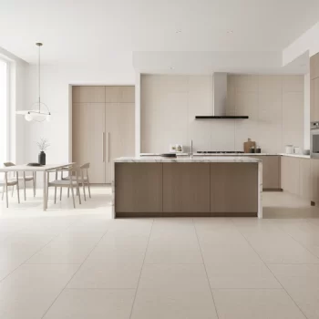 Biege matte porcelain tile with a limestone look, large format, suitable for walls and floors.