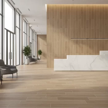 Rectangular 8x48 oak wood look porcelain tile with a matte finish, suitable for floors and walls.