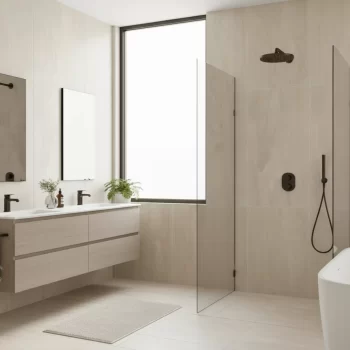 Large format beige and cream matte porcelain tile with a stone look, suitable for wall applications.