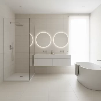 Castle White matte porcelain tile in large format, 24x48 inches, with a travertine look for walls and floors.